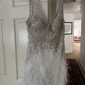 Jovani Silver and White Sequin Feather Dress